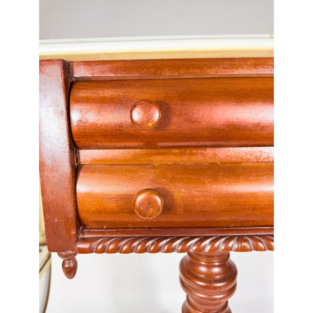 Console End Table Victorian Empire Mahogany White Marble Top 2 Drawer Claw feet Carved Pedestal Base Antique Federal Furniture