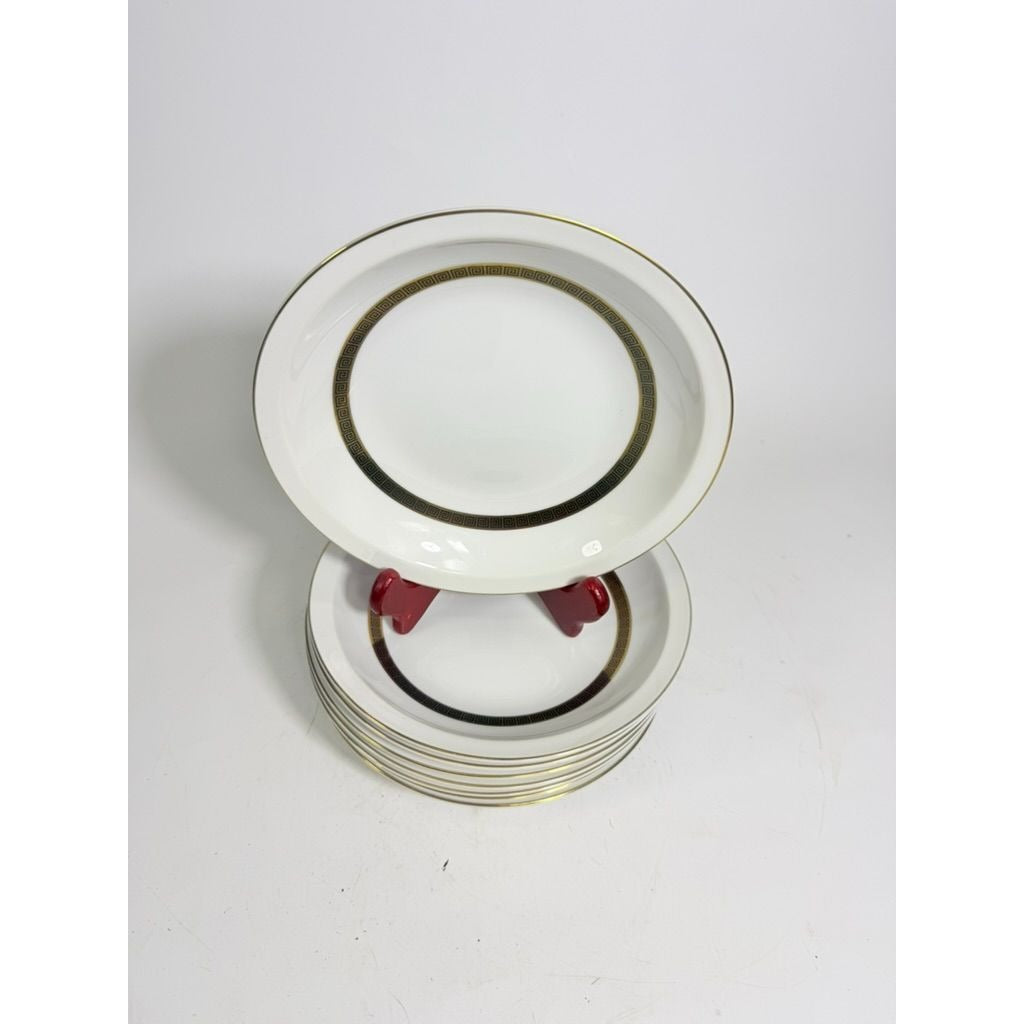 Rim Soup Bowl Set 8 Key Largo by Meito Black Greek Key On Gold Band Royal M Japan Replacement China Vintage Elegant Traditional Classic
