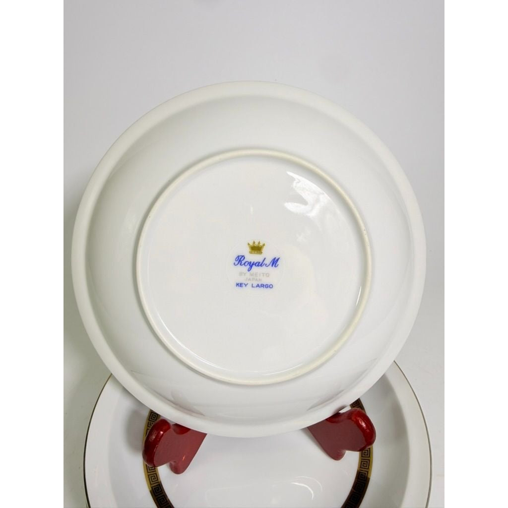Rim Soup Bowl Set 8 Key Largo by Meito Black Greek Key On Gold Band Royal M Japan Replacement China Vintage Elegant Traditional Classic