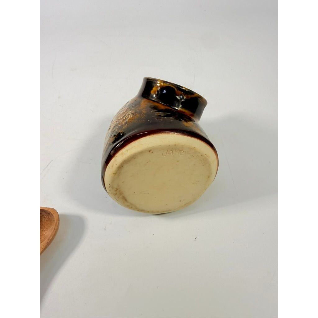 Pottery Honey Pot Jane Pottery Handmade Vintage Brown Floral Design Sugar Bowl Fired Kiln Glazed Kitchenware Serving Pieces