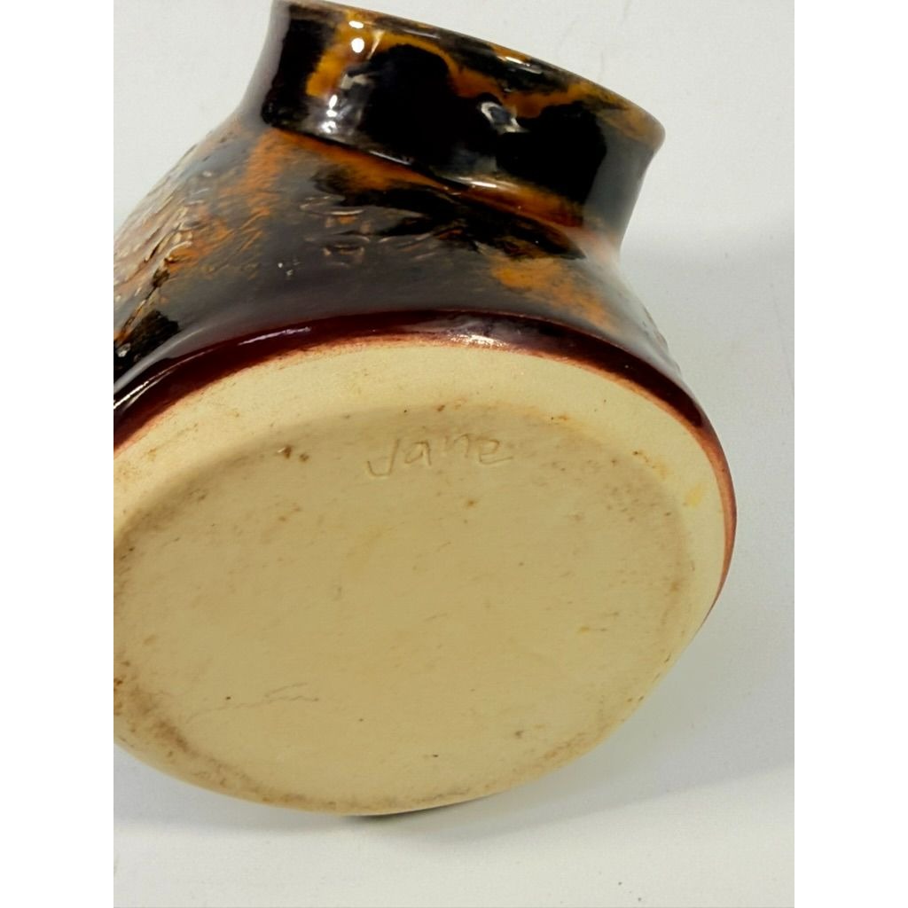 Pottery Honey Pot Jane Pottery Handmade Vintage Brown Floral Design Sugar Bowl Fired Kiln Glazed Kitchenware Serving Pieces