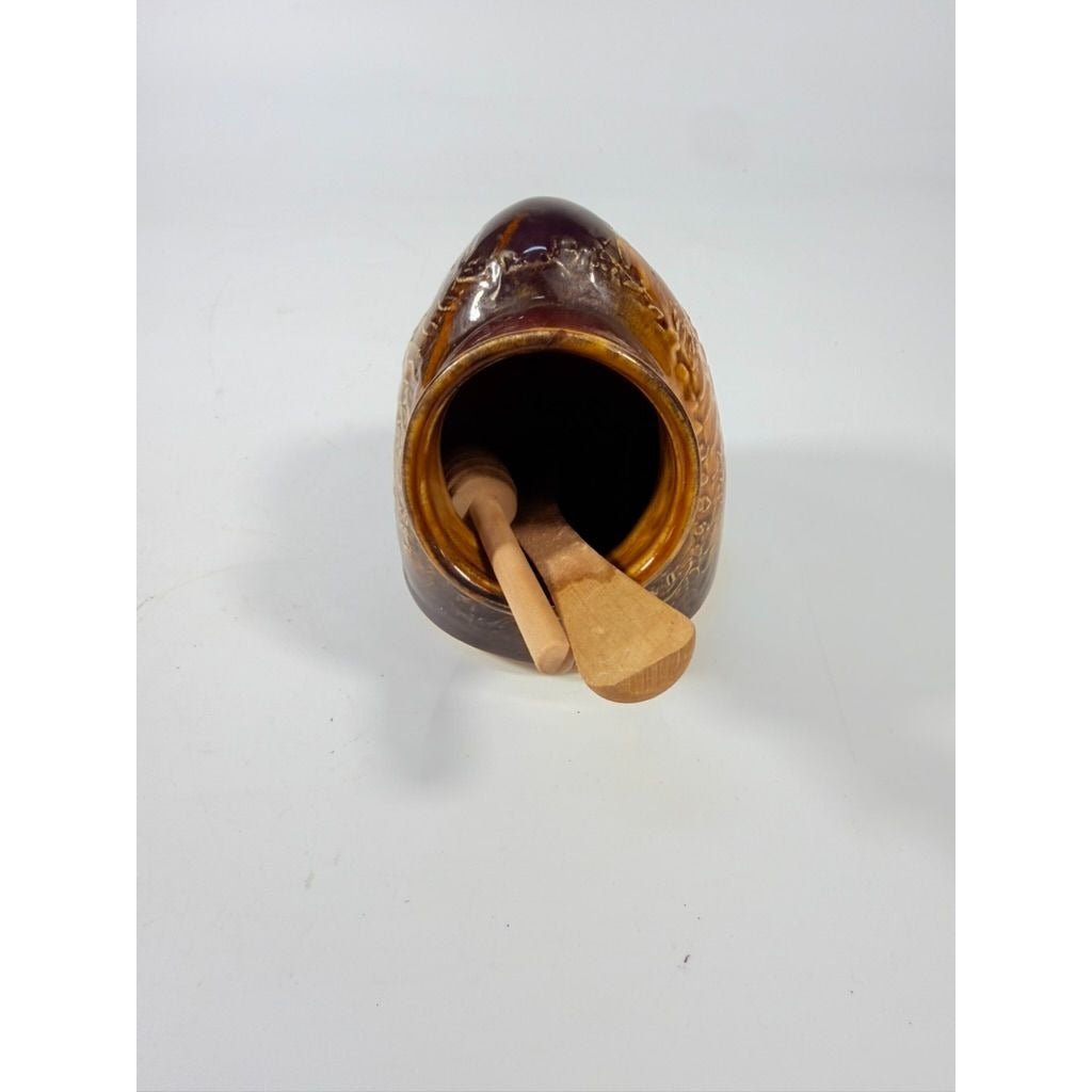Pottery Honey Pot Jane Pottery Handmade Vintage Brown Floral Design Sugar Bowl Fired Kiln Glazed Kitchenware Serving Pieces