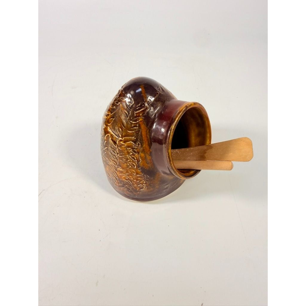 Pottery Honey Pot Jane Pottery Handmade Vintage Brown Floral Design Sugar Bowl Fired Kiln Glazed Kitchenware Serving Pieces