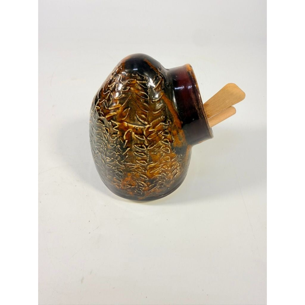Pottery Honey Pot Jane Pottery Handmade Vintage Brown Floral Design Sugar Bowl Fired Kiln Glazed Kitchenware Serving Pieces