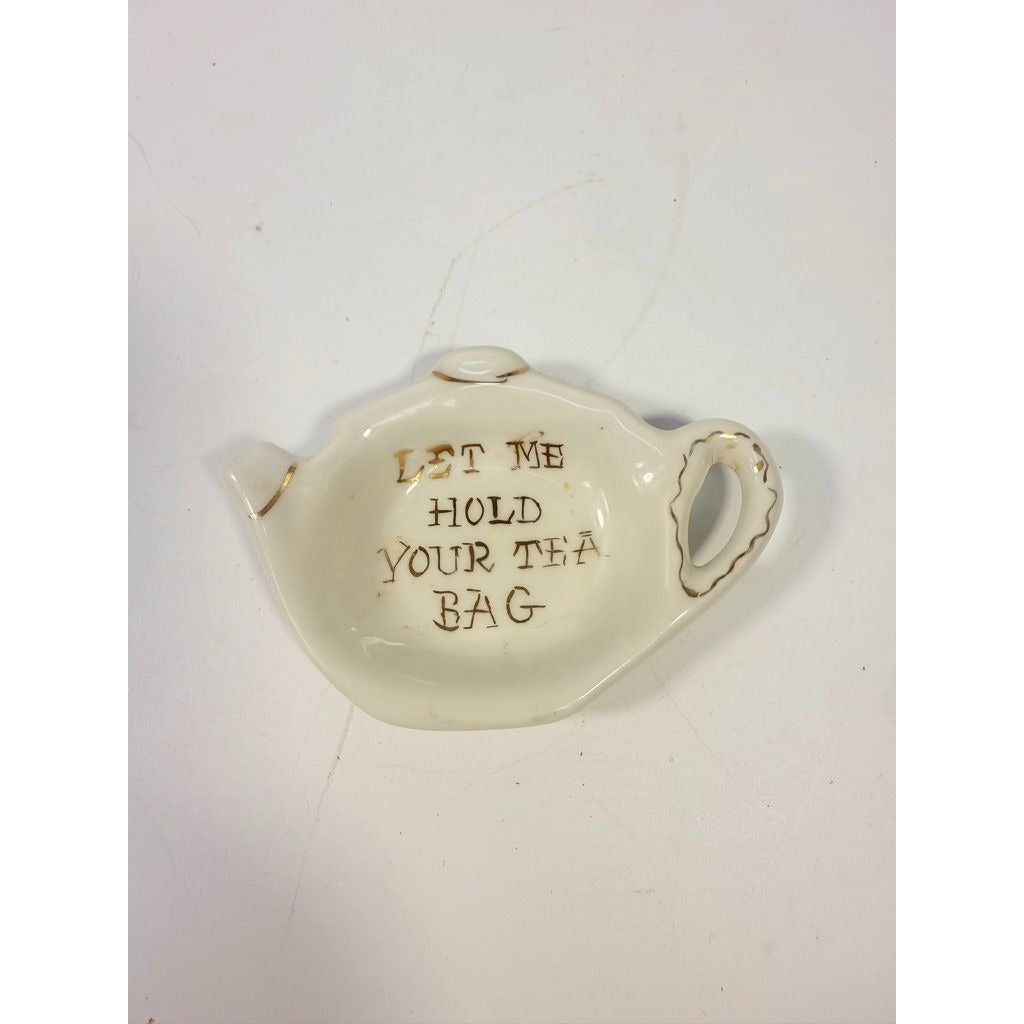 Tea Bag Holder Let me Hold your Tea Bag Lu Arts of California Ceramic Hand Painted Gold Letters Rest Vintage Unique Gift Dainty Barware