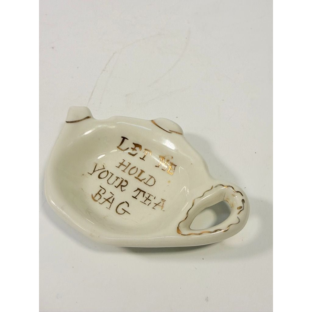 Tea Bag Holder Let me Hold your Tea Bag Lu Arts of California Ceramic Hand Painted Gold Letters Rest Vintage Unique Gift Dainty Barware