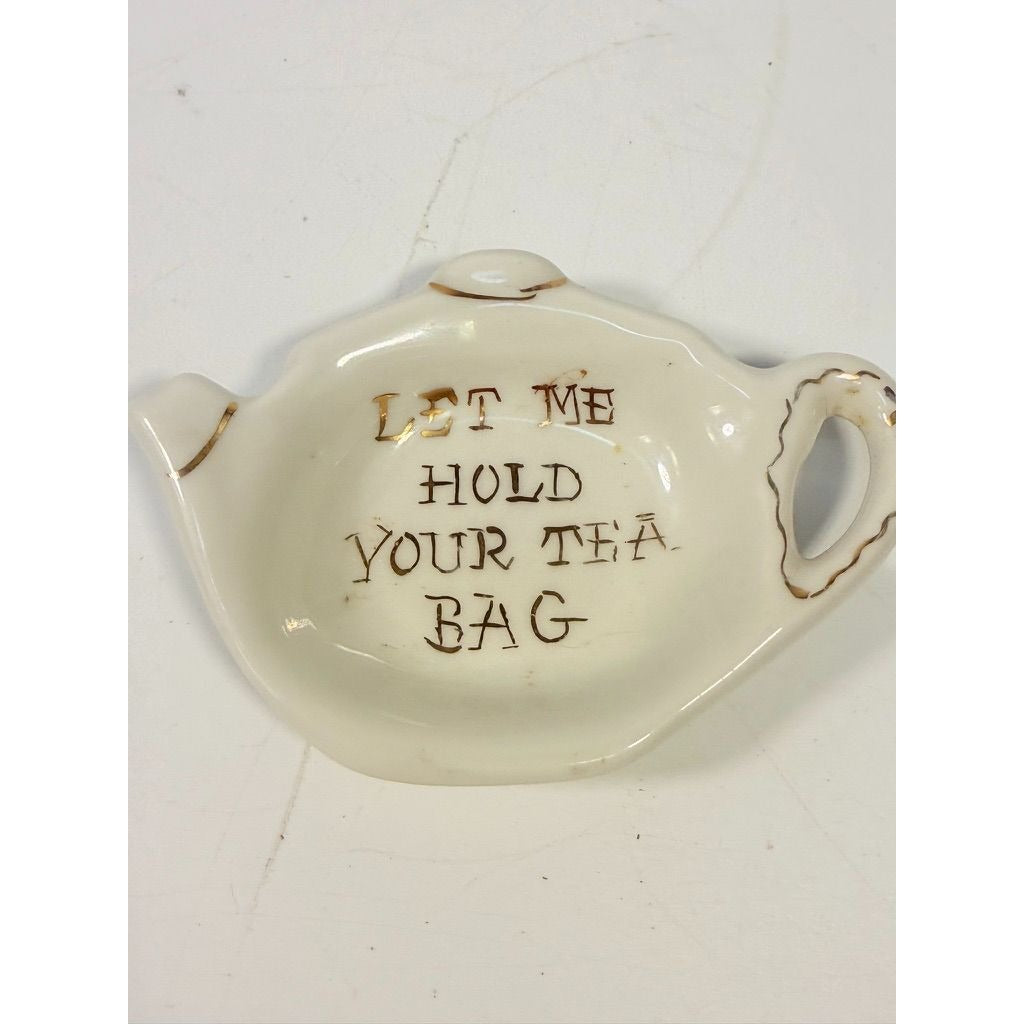 Tea Bag Holder Let me Hold your Tea Bag Lu Arts of California Ceramic Hand Painted Gold Letters Rest Vintage Unique Gift Dainty Barware