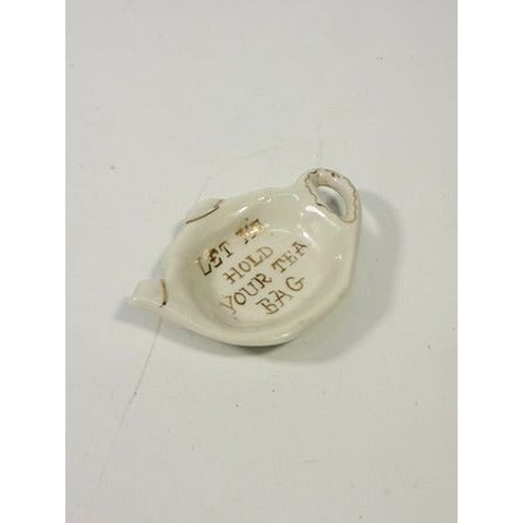 Tea Bag Holder Let me Hold your Tea Bag Lu Arts of California Ceramic Hand Painted Gold Letters Rest Vintage Unique Gift Dainty Barware