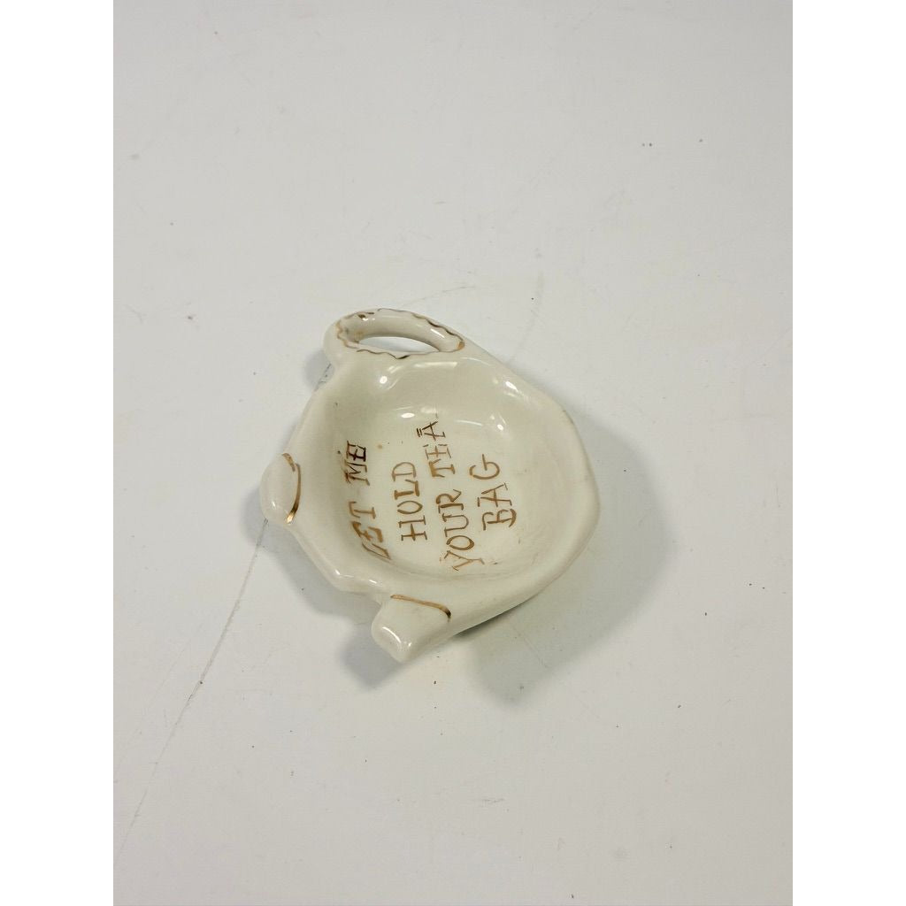 Tea Bag Holder Let me Hold your Tea Bag Lu Arts of California Ceramic Hand Painted Gold Letters Rest Vintage Unique Gift Dainty Barware