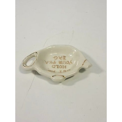 Tea Bag Holder Let me Hold your Tea Bag Lu Arts of California Ceramic Hand Painted Gold Letters Rest Vintage Unique Gift Dainty Barware