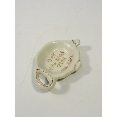 Tea Bag Holder Let me Hold your Tea Bag Lu Arts of California Ceramic Hand Painted Gold Letters Rest Vintage Unique Gift Dainty Barware