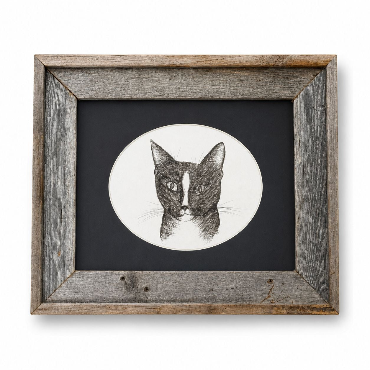 Pen and Ink Cat Barn Frame Quirky Kitten Signed Oval Mat Vintage Unique Art Farmhouse Primitive Home Decor Decorative Accents Gallery Wall