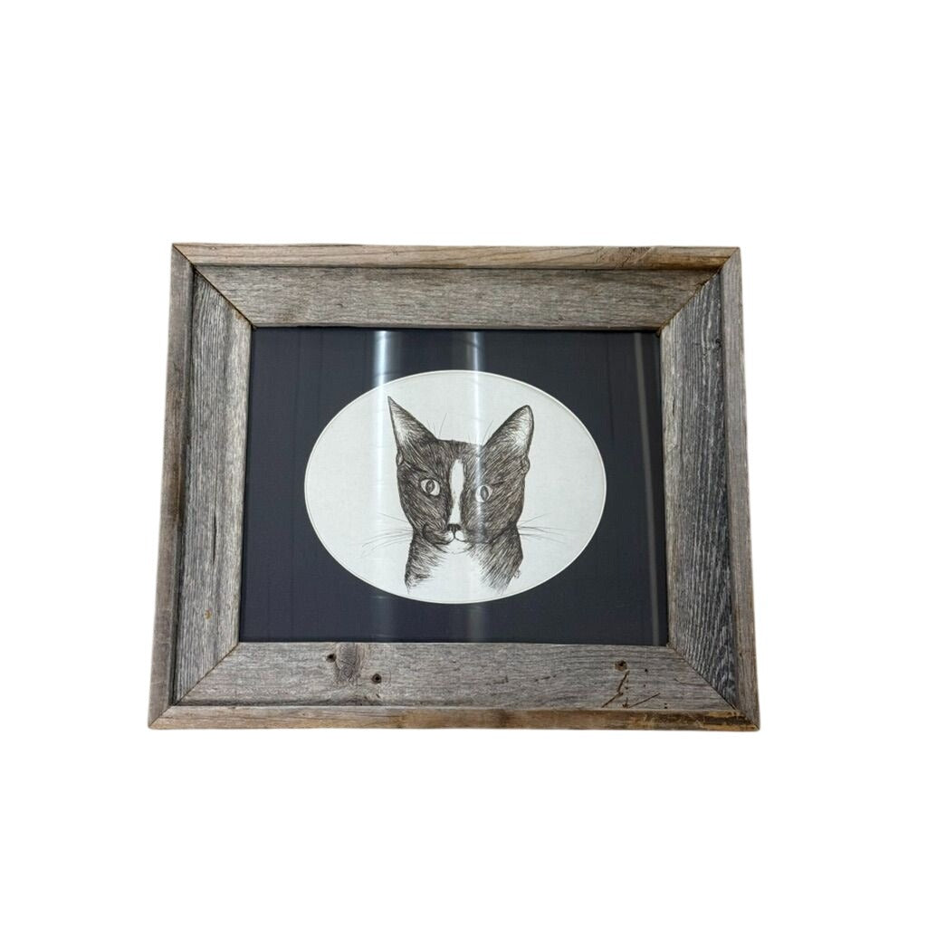 Pen and Ink Cat Barn Frame Quirky Kitten Signed Oval Mat Vintage Unique Art Farmhouse Primitive Home Decor Decorative Accents Gallery Wall