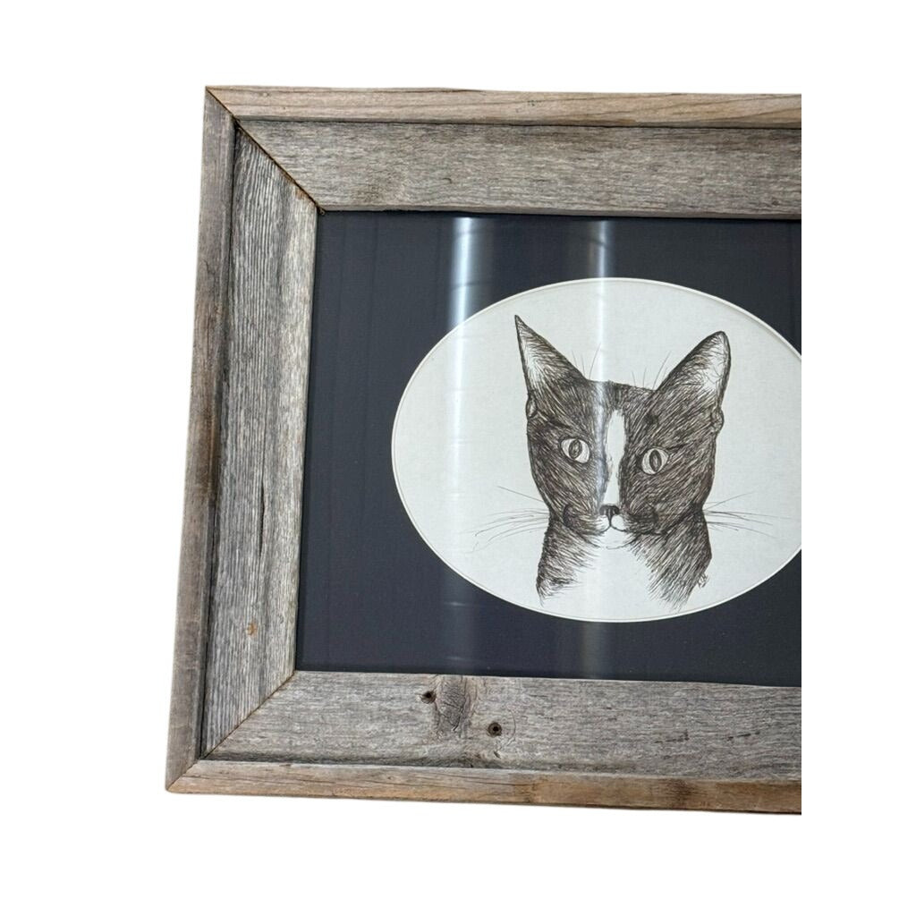 Pen and Ink Cat Barn Frame Quirky Kitten Signed Oval Mat Vintage Unique Art Farmhouse Primitive Home Decor Decorative Accents Gallery Wall