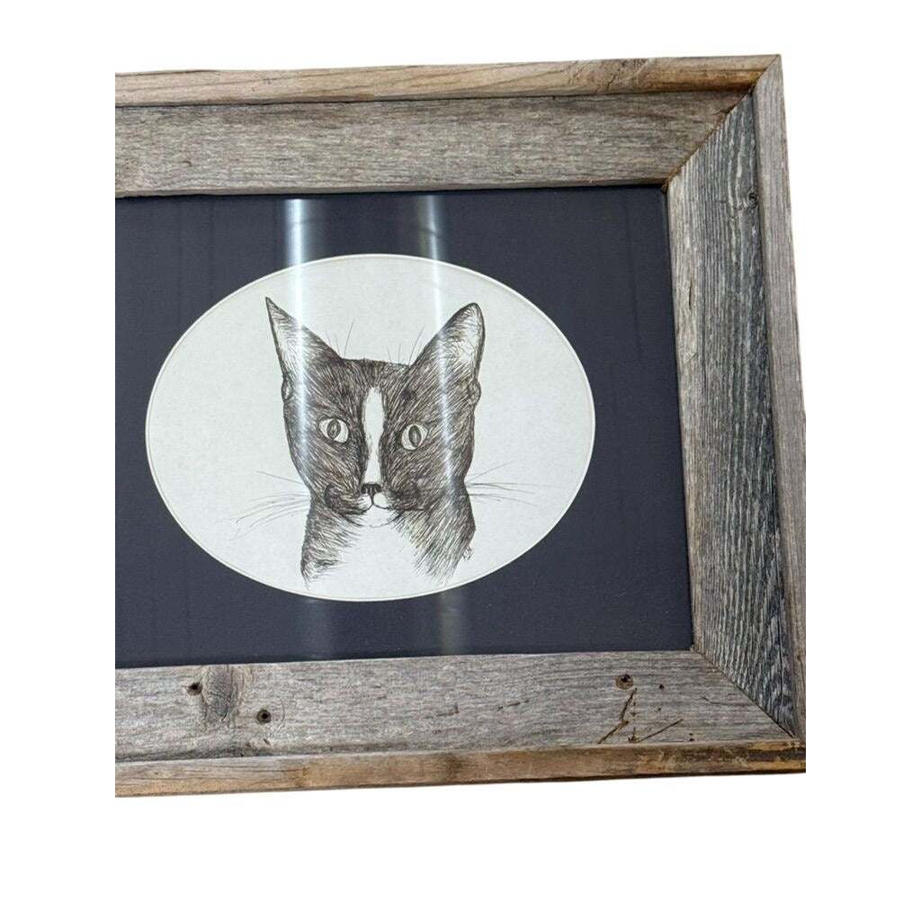Pen and Ink Cat Barn Frame Quirky Kitten Signed Oval Mat Vintage Unique Art Farmhouse Primitive Home Decor Decorative Accents Gallery Wall