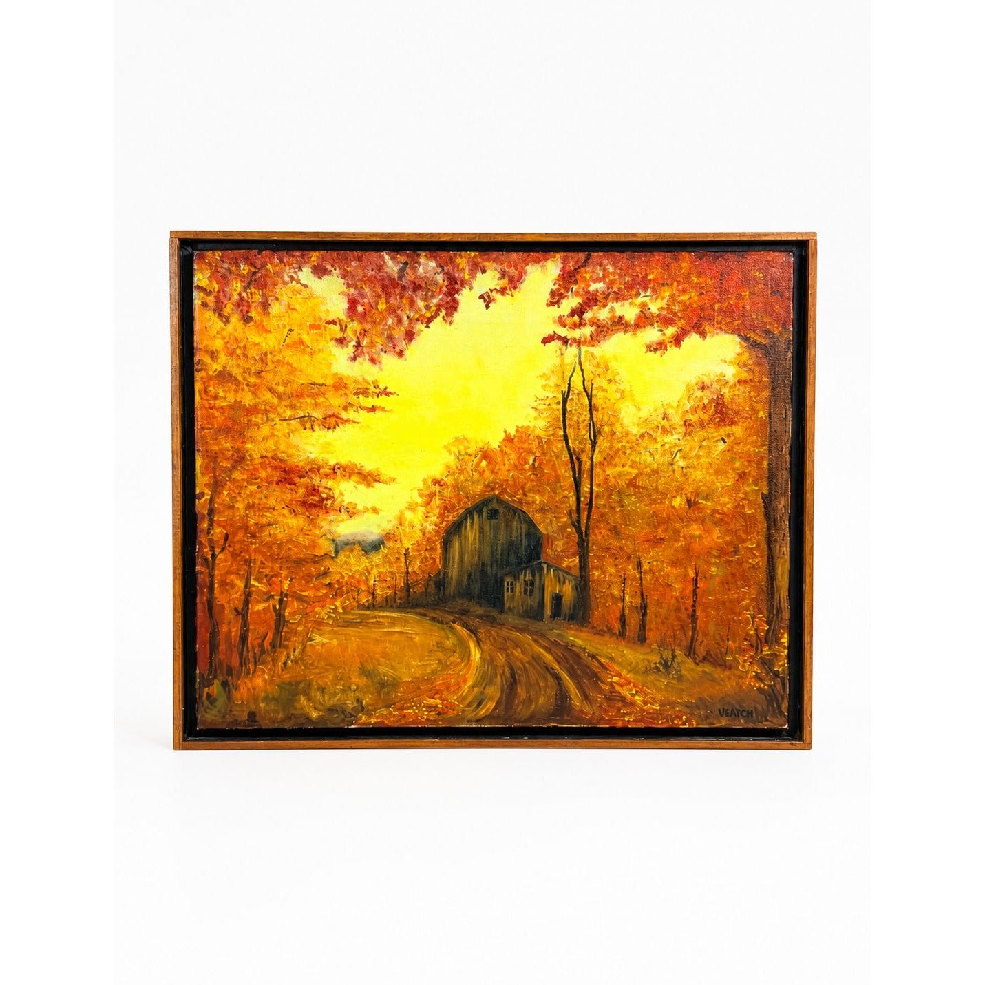 Oil Painting Fall Autum Barn Farm Scene Leaves Signed Ulrich Vintage Framed Wall Art Home Decor Decoratve Acents