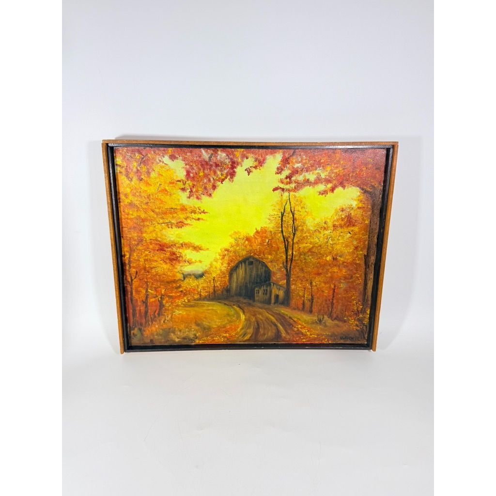 Oil Painting Fall Autum Barn Farm Scene Leaves Signed Ulrich Vintage Framed Wall Art Home Decor Decoratve Acents