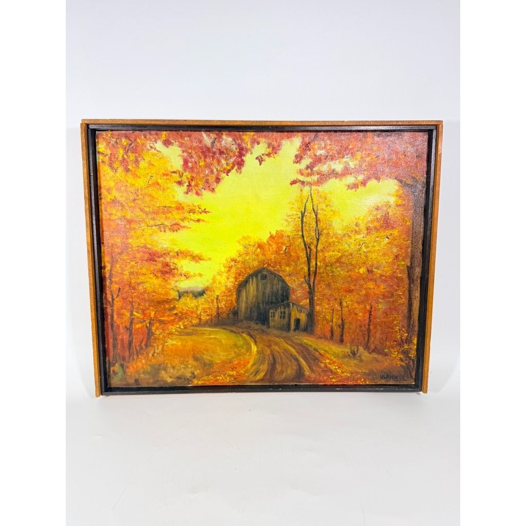 Oil Painting Fall Autum Barn Farm Scene Leaves Signed Ulrich Vintage Framed Wall Art Home Decor Decoratve Acents