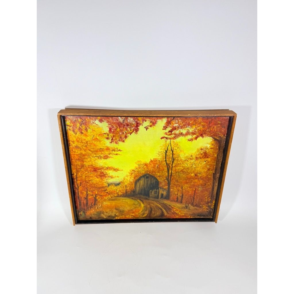 Oil Painting Fall Autum Barn Farm Scene Leaves Signed Ulrich Vintage Framed Wall Art Home Decor Decoratve Acents