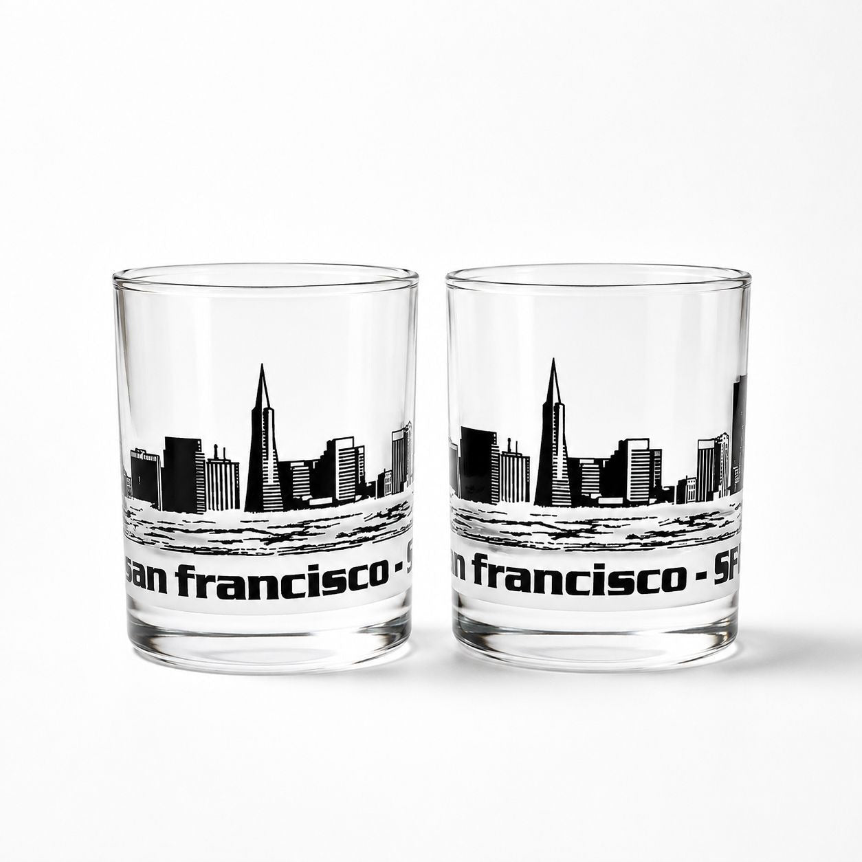 Old Fashioned Rocks Glass Set 2 San Francisco SFO Airport Code Cityscape Frosted Middle Vintage Mid Century Skyline Barware Drinkware Rare