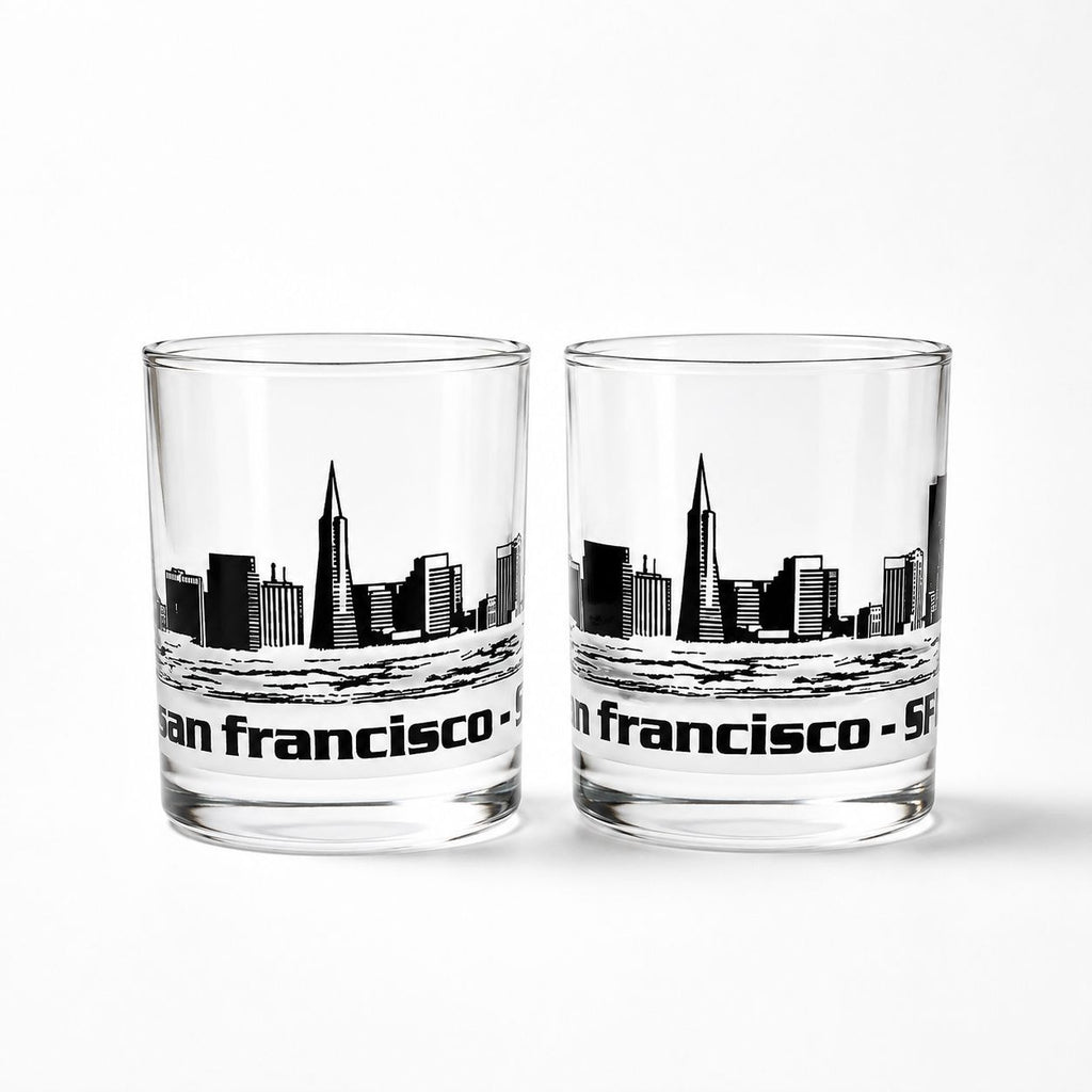 Old Fashioned Rocks Glass Set 2 San Francisco SFO Airport Code Cityscape Frosted Middle Vintage Mid Century Skyline Barware Drinkware Rare