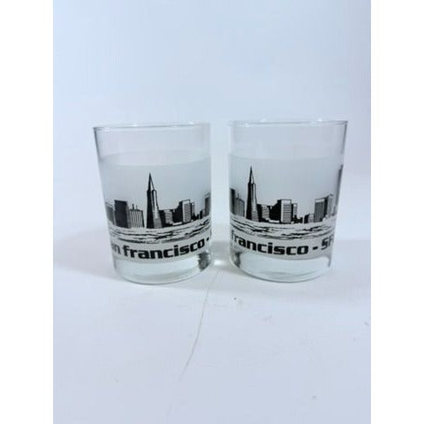 Old Fashioned Rocks Glass Set 2 San Francisco SFO Airport Code Cityscape Frosted Middle Vintage Mid Century Skyline Barware Drinkware Rare