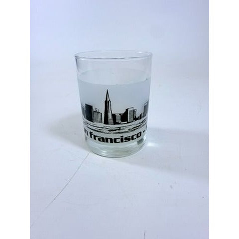 Old Fashioned Rocks Glass Set 2 San Francisco SFO Airport Code Cityscape Frosted Middle Vintage Mid Century Skyline Barware Drinkware Rare