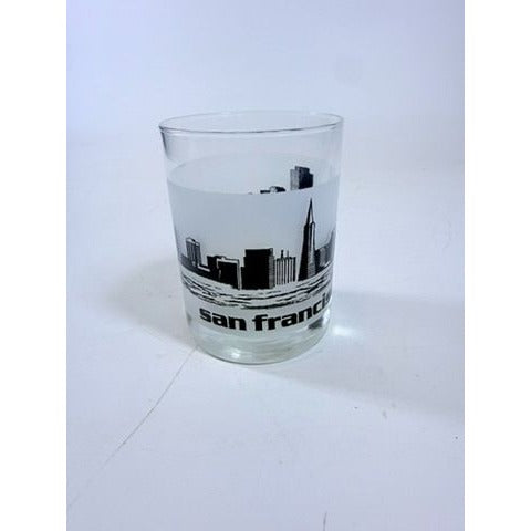 Old Fashioned Rocks Glass Set 2 San Francisco SFO Airport Code Cityscape Frosted Middle Vintage Mid Century Skyline Barware Drinkware Rare