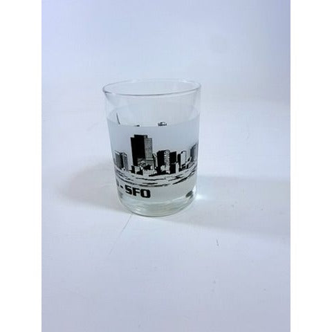 Old Fashioned Rocks Glass Set 2 San Francisco SFO Airport Code Cityscape Frosted Middle Vintage Mid Century Skyline Barware Drinkware Rare