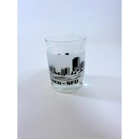 Old Fashioned Rocks Glass Set 2 San Francisco SFO Airport Code Cityscape Frosted Middle Vintage Mid Century Skyline Barware Drinkware Rare