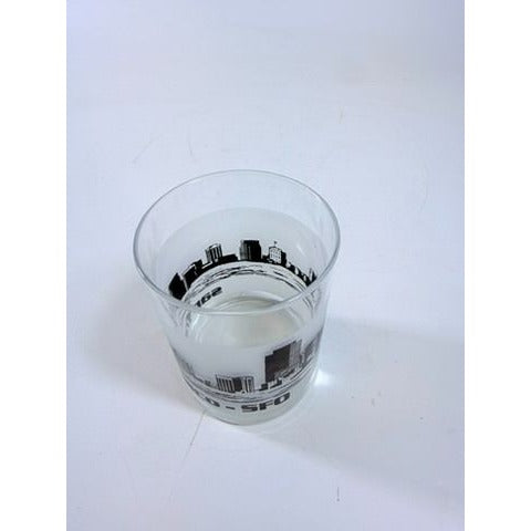 Old Fashioned Rocks Glass Set 2 San Francisco SFO Airport Code Cityscape Frosted Middle Vintage Mid Century Skyline Barware Drinkware Rare