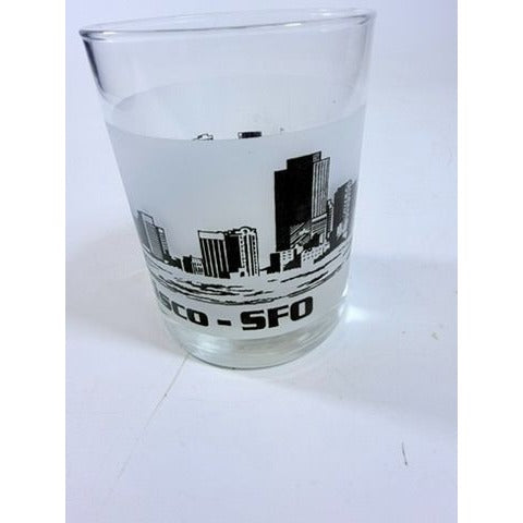Old Fashioned Rocks Glass Set 2 San Francisco SFO Airport Code Cityscape Frosted Middle Vintage Mid Century Skyline Barware Drinkware Rare