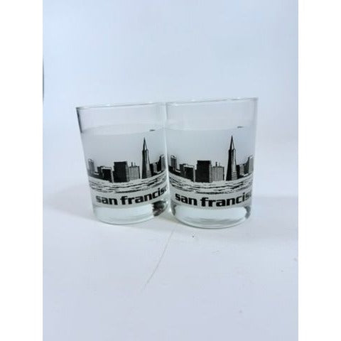 Old Fashioned Rocks Glass Set 2 San Francisco SFO Airport Code Cityscape Frosted Middle Vintage Mid Century Skyline Barware Drinkware Rare