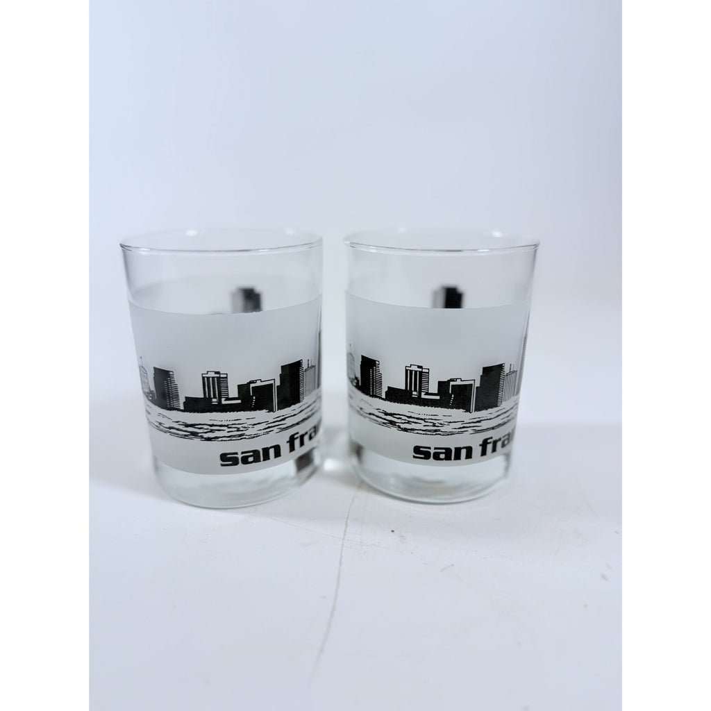 Old Fashioned Rocks Glass Set 2 San Francisco SFO Airport Code Cityscape Frosted Middle Vintage Mid Century Skyline Barware Drinkware Rare