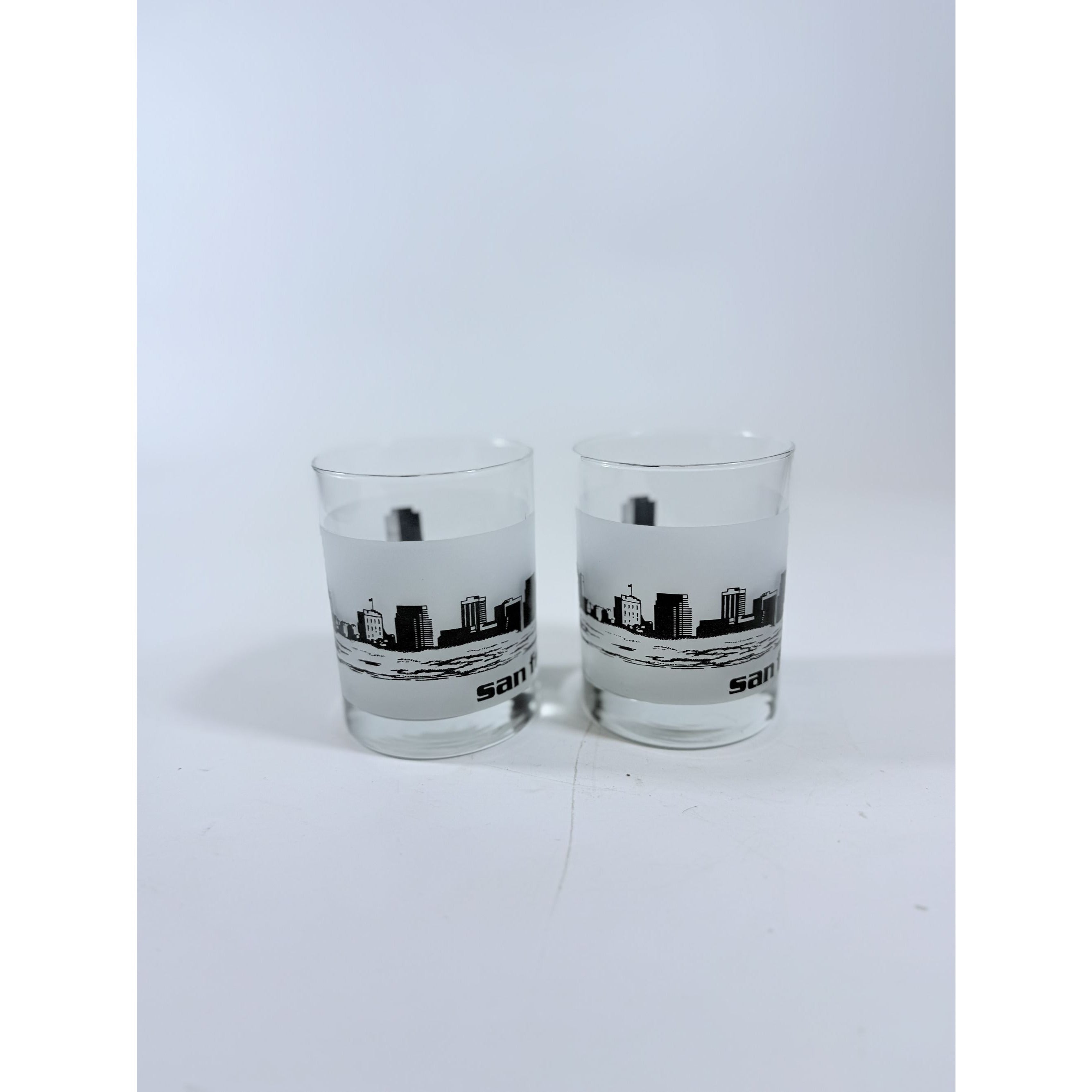 Old Fashioned Rocks Glass Set 2 San Francisco SFO Airport Code Cityscape Frosted Middle Vintage Mid Century Skyline Barware Drinkware Rare