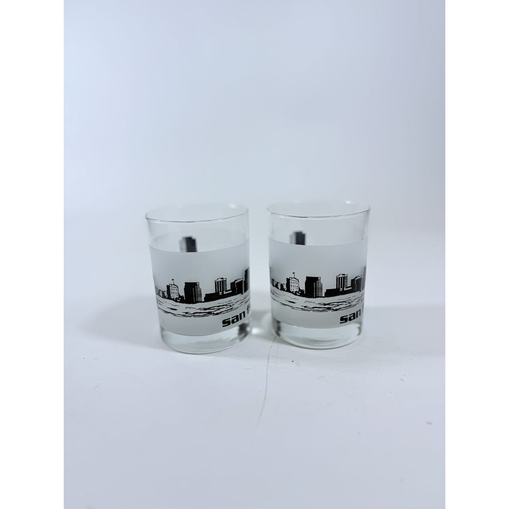Old Fashioned Rocks Glass Set 2 San Francisco SFO Airport Code Cityscape Frosted Middle Vintage Mid Century Skyline Barware Drinkware Rare