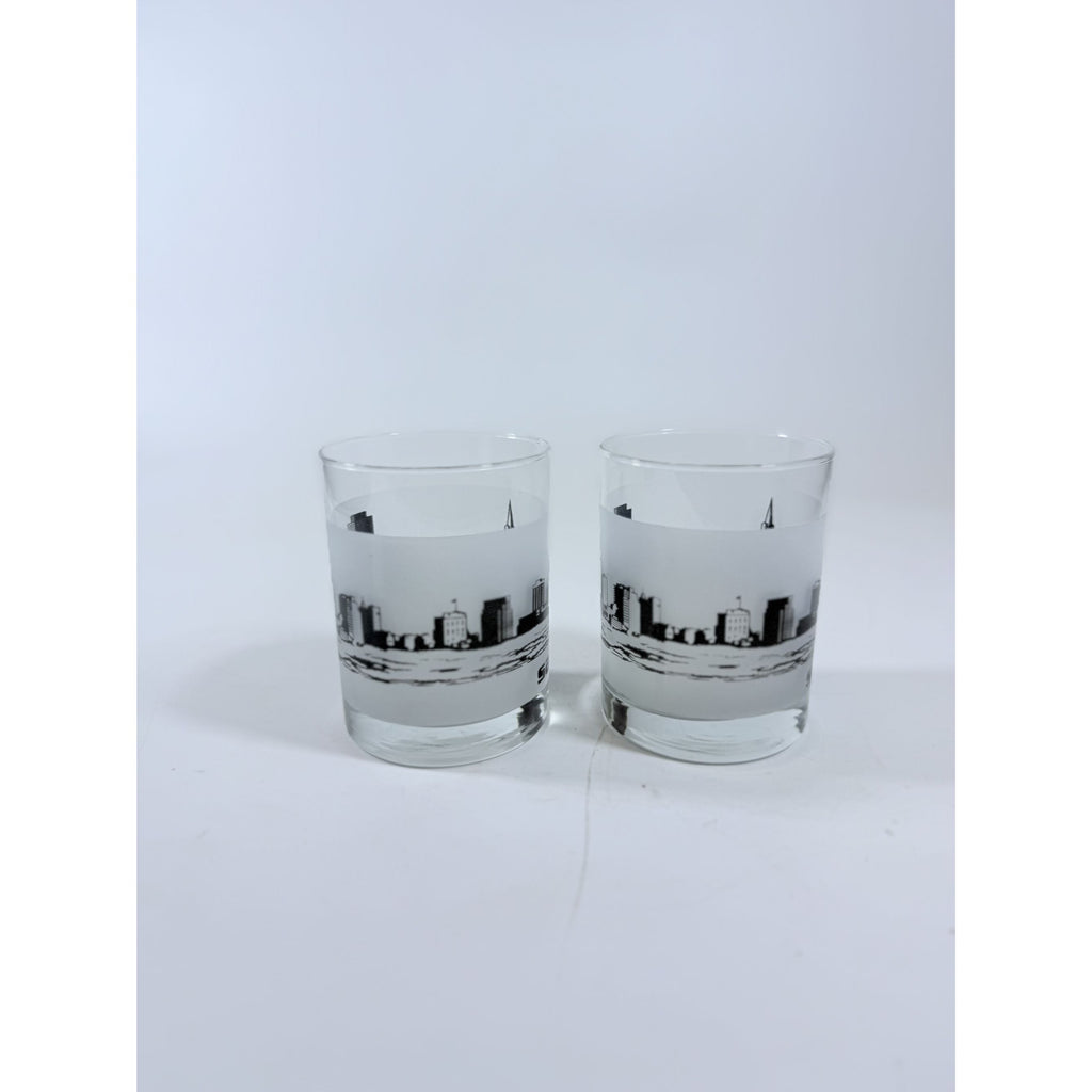 Old Fashioned Rocks Glass Set 2 San Francisco SFO Airport Code Cityscape Frosted Middle Vintage Mid Century Skyline Barware Drinkware Rare