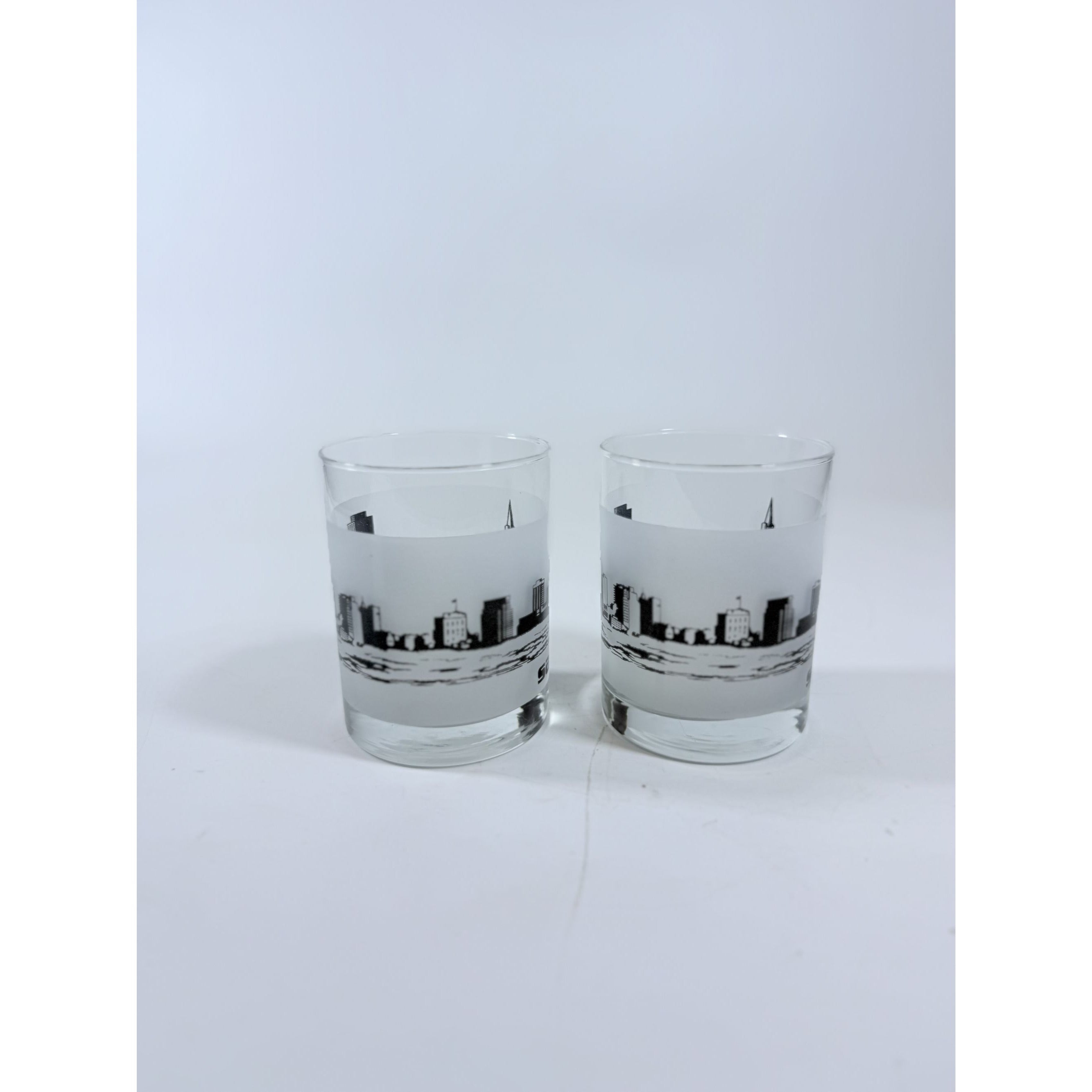 Old Fashioned Rocks Glass Set 2 San Francisco SFO Airport Code Cityscape Frosted Middle Vintage Mid Century Skyline Barware Drinkware Rare