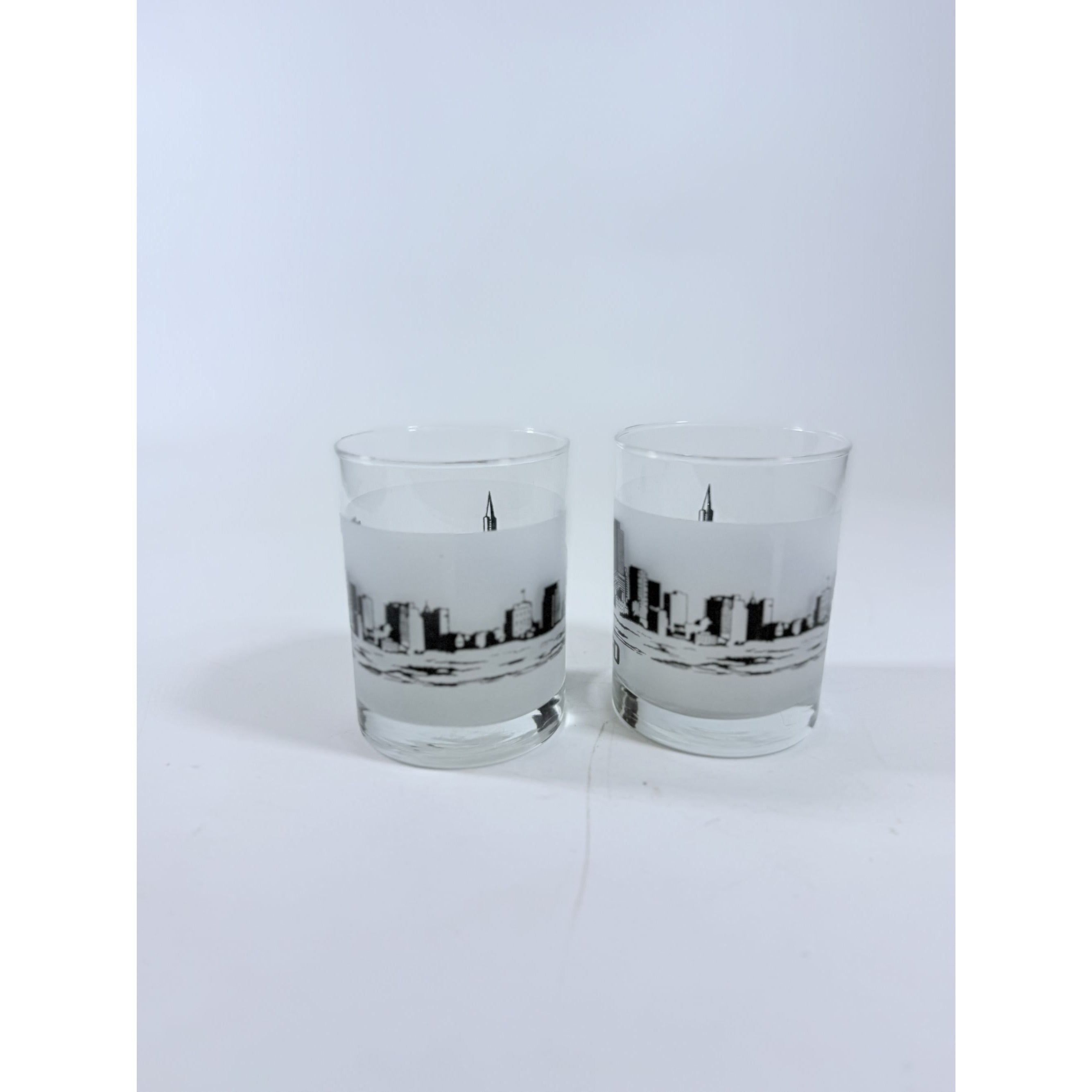 Old Fashioned Rocks Glass Set 2 San Francisco SFO Airport Code Cityscape Frosted Middle Vintage Mid Century Skyline Barware Drinkware Rare