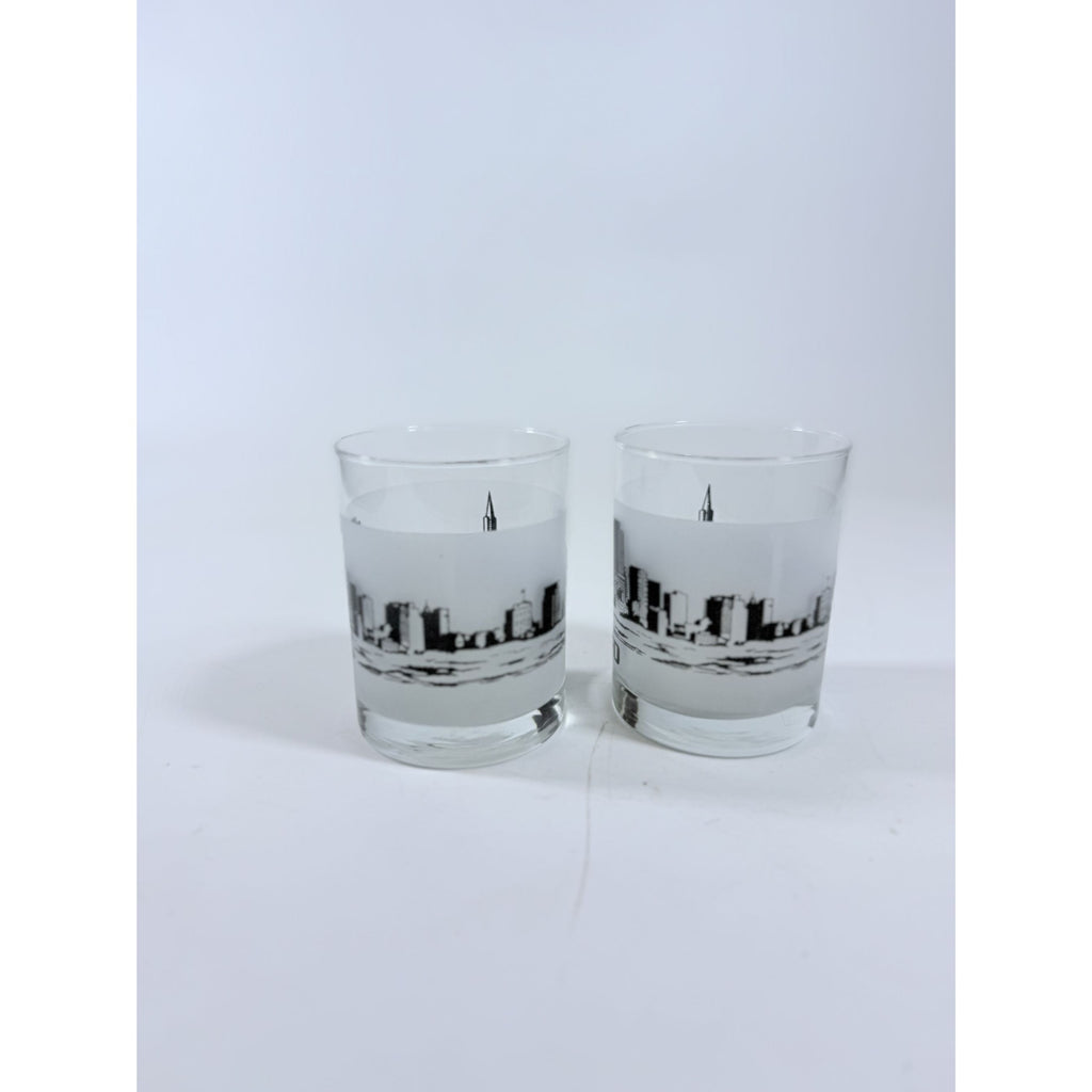 Old Fashioned Rocks Glass Set 2 San Francisco SFO Airport Code Cityscape Frosted Middle Vintage Mid Century Skyline Barware Drinkware Rare