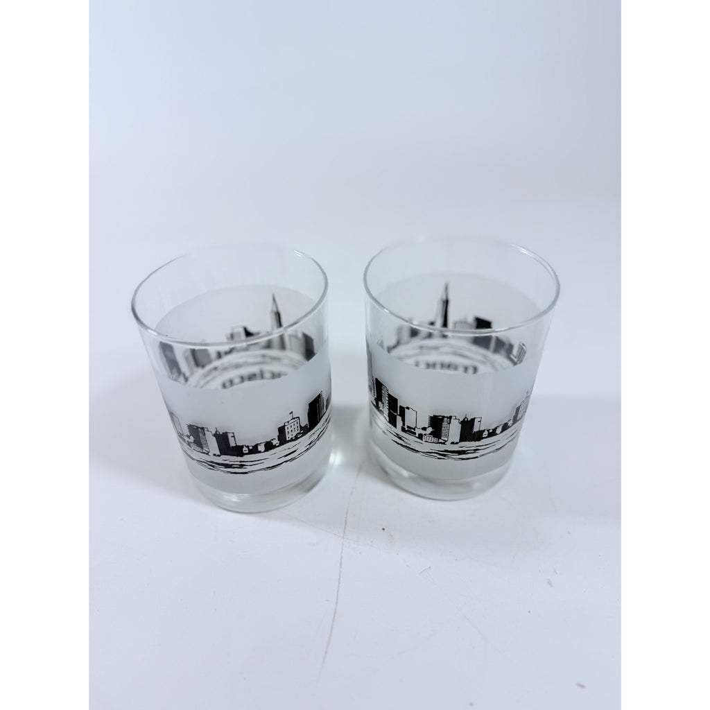 Old Fashioned Rocks Glass Set 2 San Francisco SFO Airport Code Cityscape Frosted Middle Vintage Mid Century Skyline Barware Drinkware Rare