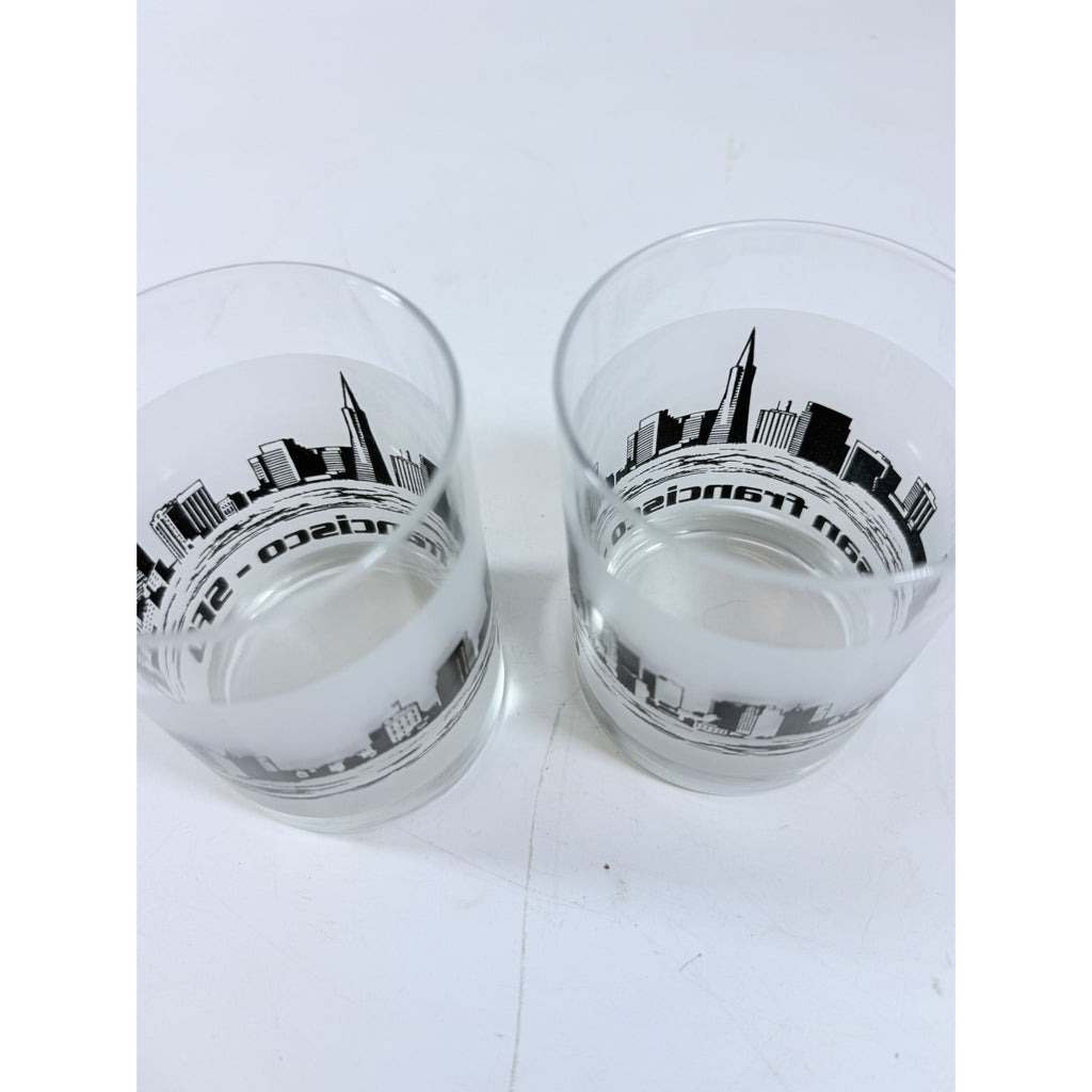 Old Fashioned Rocks Glass Set 2 San Francisco SFO Airport Code Cityscape Frosted Middle Vintage Mid Century Skyline Barware Drinkware Rare