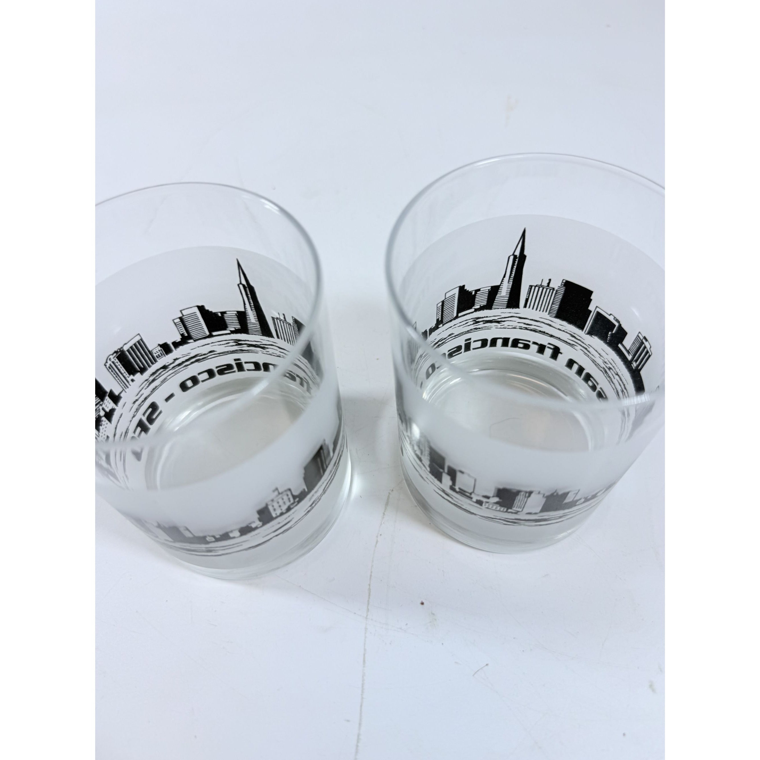 Old Fashioned Rocks Glass Set 2 San Francisco SFO Airport Code Cityscape Frosted Middle Vintage Mid Century Skyline Barware Drinkware Rare