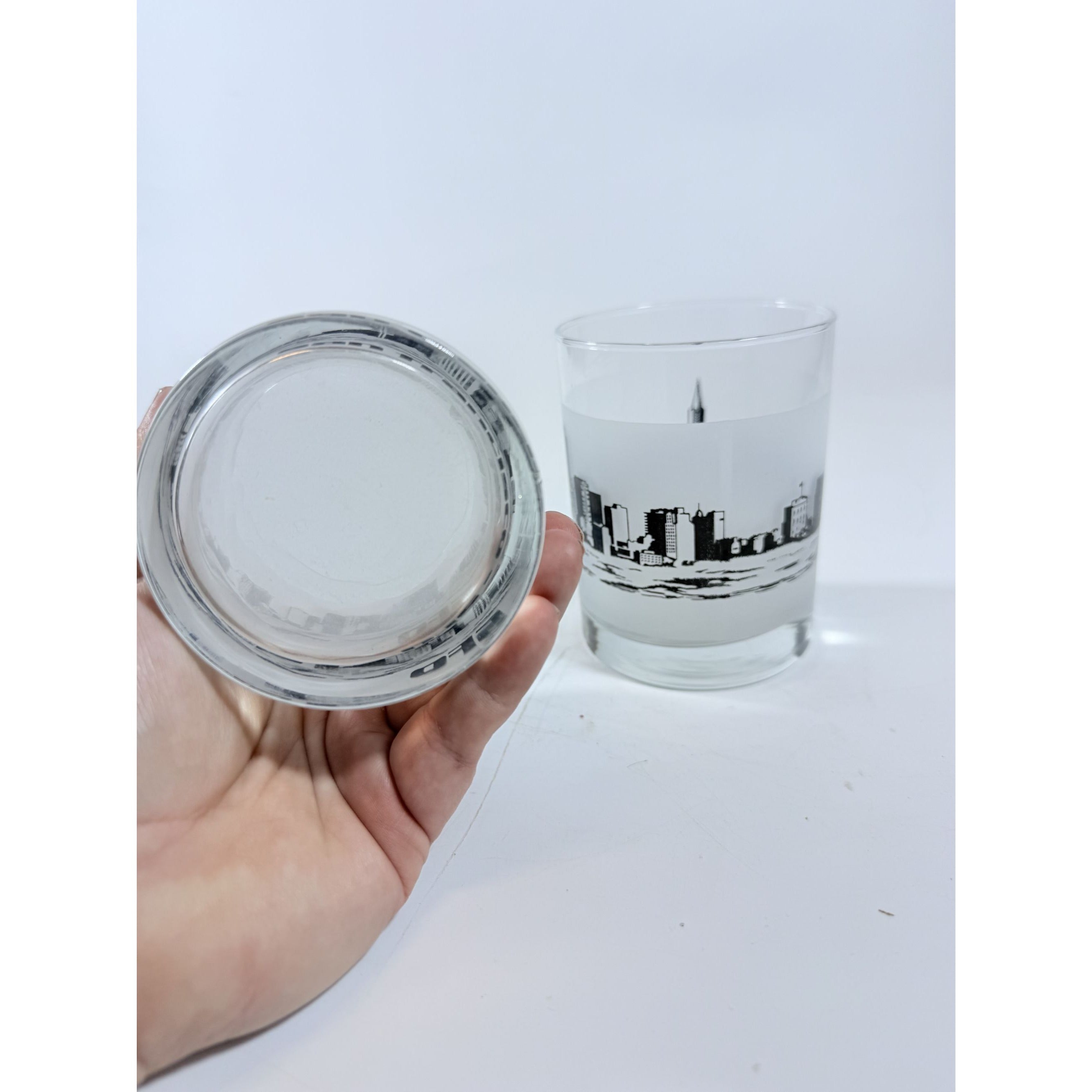 Old Fashioned Rocks Glass Set 2 San Francisco SFO Airport Code Cityscape Frosted Middle Vintage Mid Century Skyline Barware Drinkware Rare