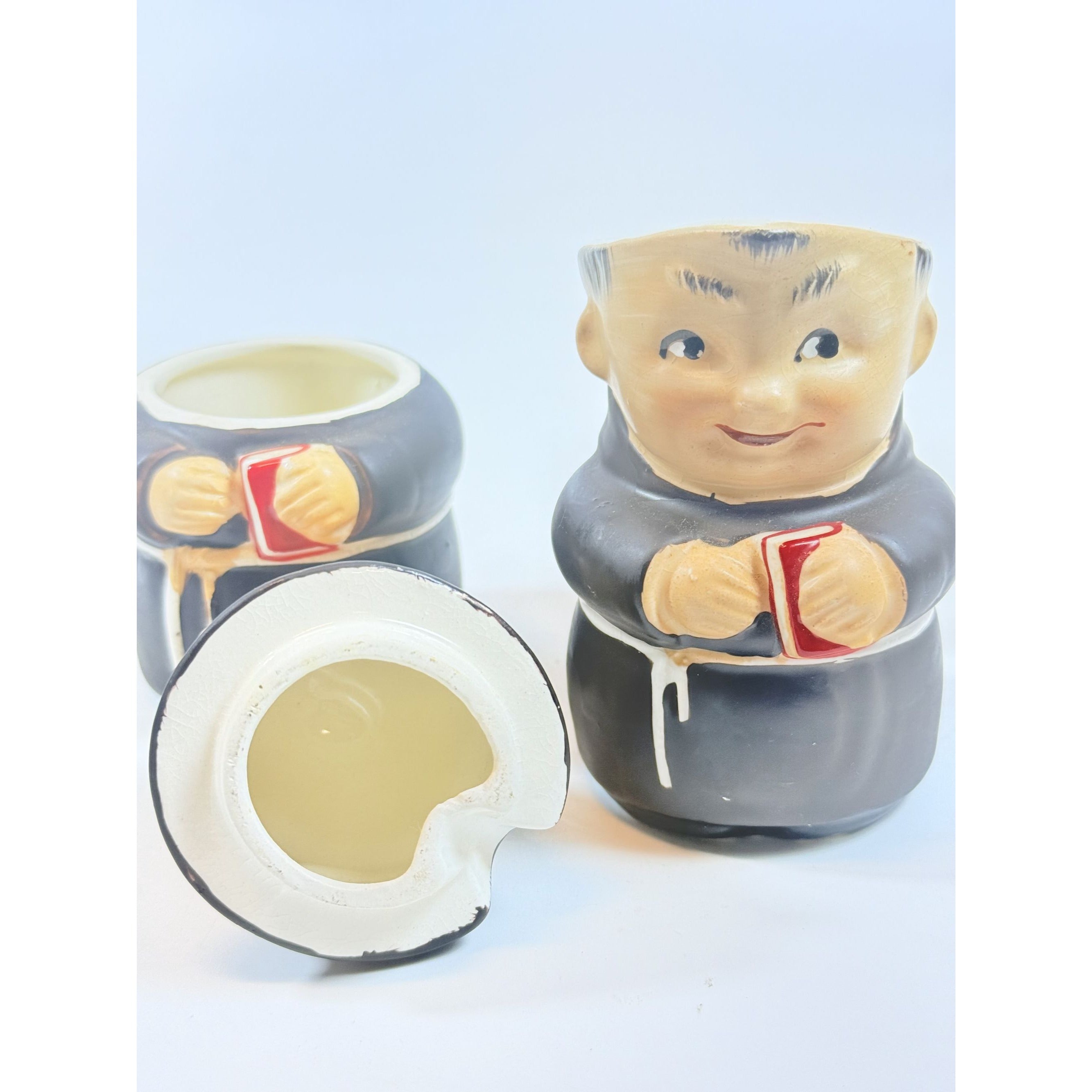 Creamer and Sugar Set Friar Tuck Monks Bowl Pitcher Porcelain Ceramic Apco Vintage Hand Painted Unqiue Collectible Kitchenware Goebel Style