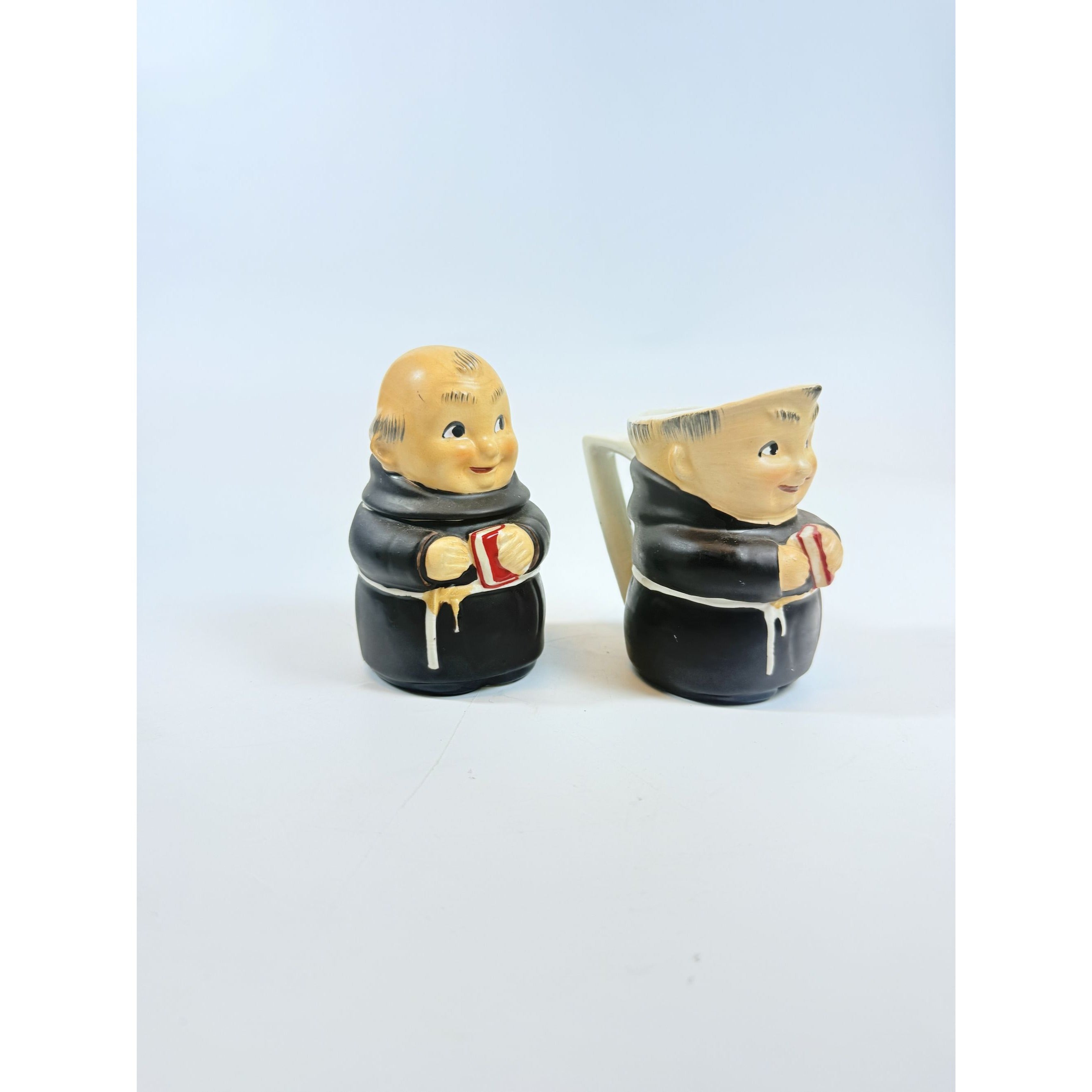 Creamer and Sugar Set Friar Tuck Monks Bowl Pitcher Porcelain Ceramic Apco Vintage Hand Painted Unqiue Collectible Kitchenware Goebel Style