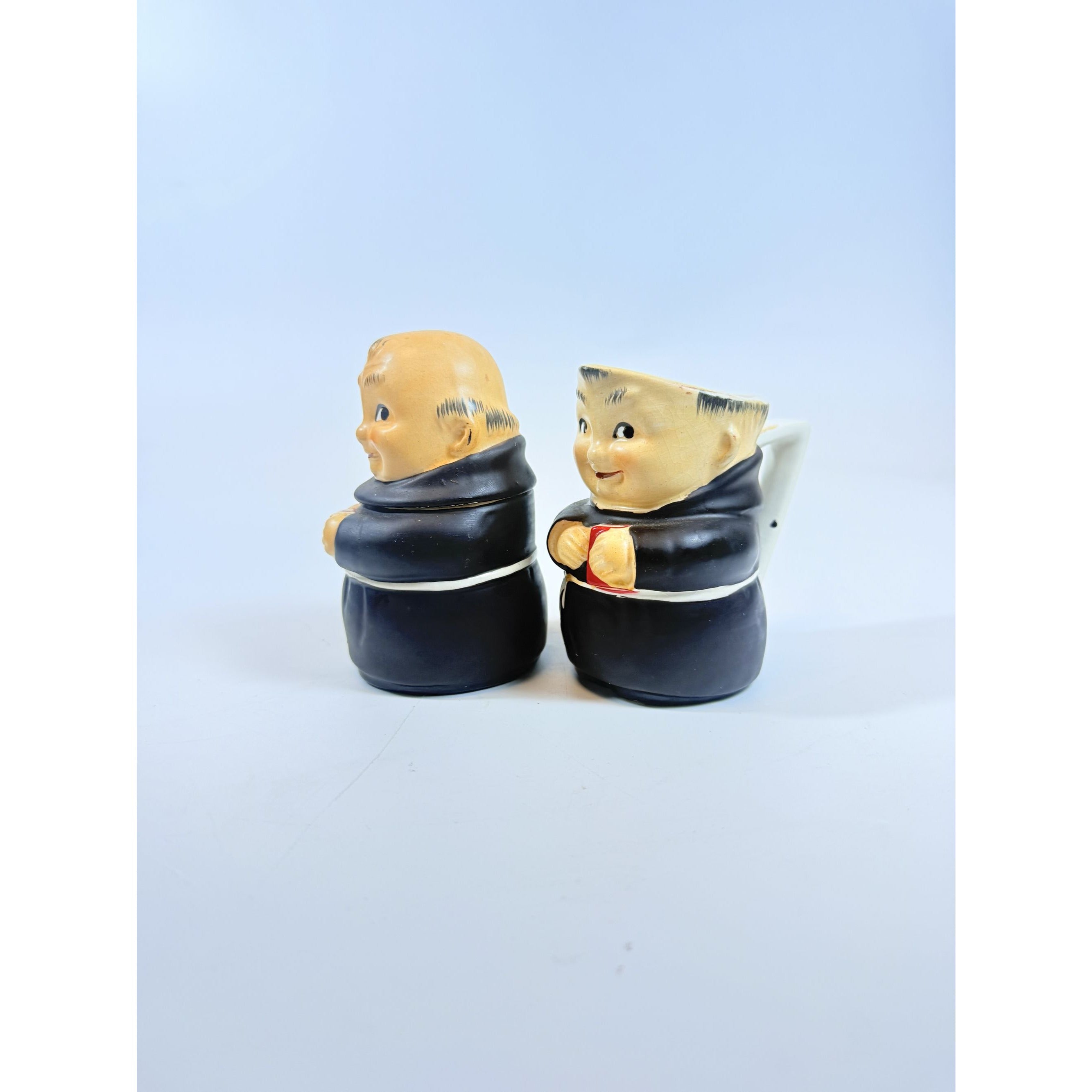 Creamer and Sugar Set Friar Tuck Monks Bowl Pitcher Porcelain Ceramic Apco Vintage Hand Painted Unqiue Collectible Kitchenware Goebel Style