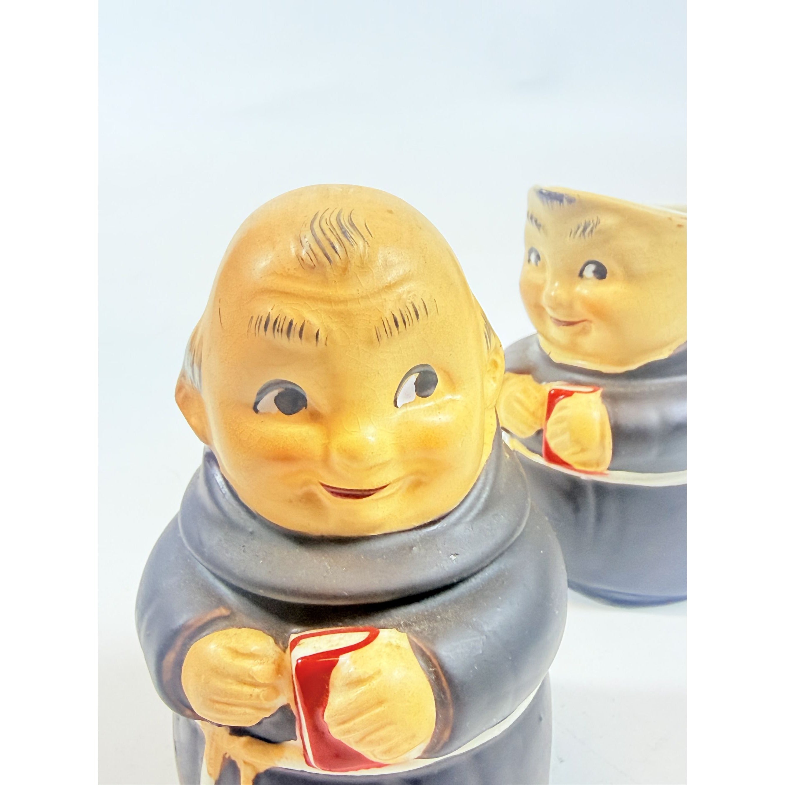 Creamer and Sugar Set Friar Tuck Monks Bowl Pitcher Porcelain Ceramic Apco Vintage Hand Painted Unqiue Collectible Kitchenware Goebel Style