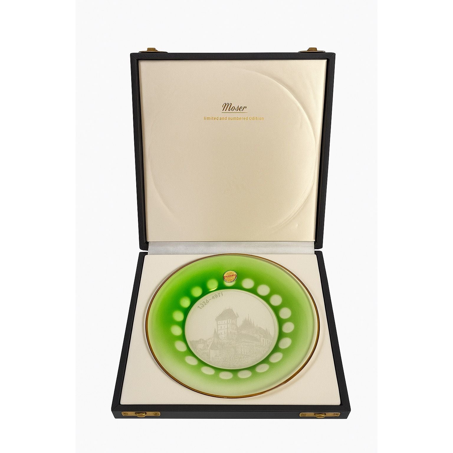 Collector Christmas Plate Green Moser Glass 1971 Vanoce Karlstein Castle Etched Limited Edition Czech Republic Original Box