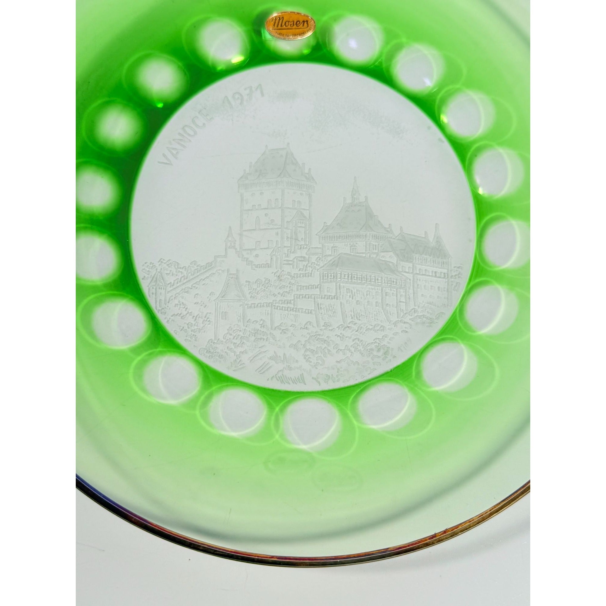 Collector Christmas Plate Green Moser Glass 1971 Vanoce Karlstein Castle Etched Limited Edition Czech Republic Original Box